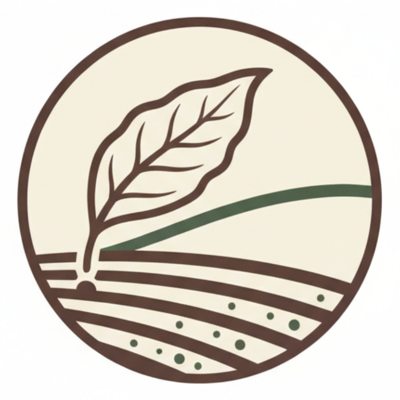 Logo with a leaf and field design on a beige background